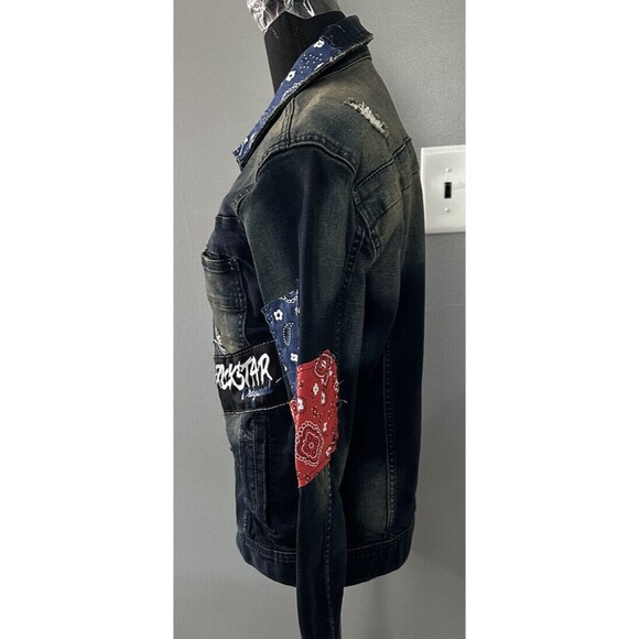 ROCKSTAR ORIGINAL Distressed Full Zip Patchwork Denim Jean Jacket Size Small EUC - Picture 3 of 7